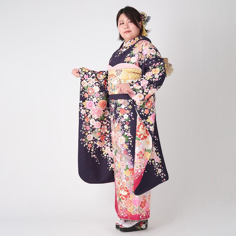 振袖 レンタル 成人式 結婚式 紺 桜菊花に宝づくし(絹)(w) 一点物 12月〜1月利用 対応身長150〜160cm RS1212の画像