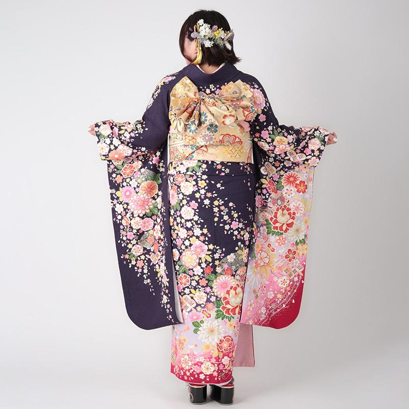 振袖 レンタル 成人式 結婚式 紺 桜菊花に宝づくし(絹)(w) 一点物 12月〜1月利用 対応身長150〜160cm RS1212の画像