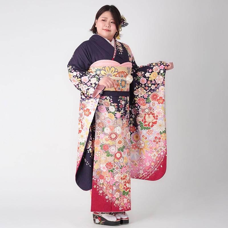 振袖 レンタル 成人式 結婚式 紺 桜菊花に宝づくし(絹)(w) 一点物 12月〜1月利用 対応身長150〜160cm RS1212の画像