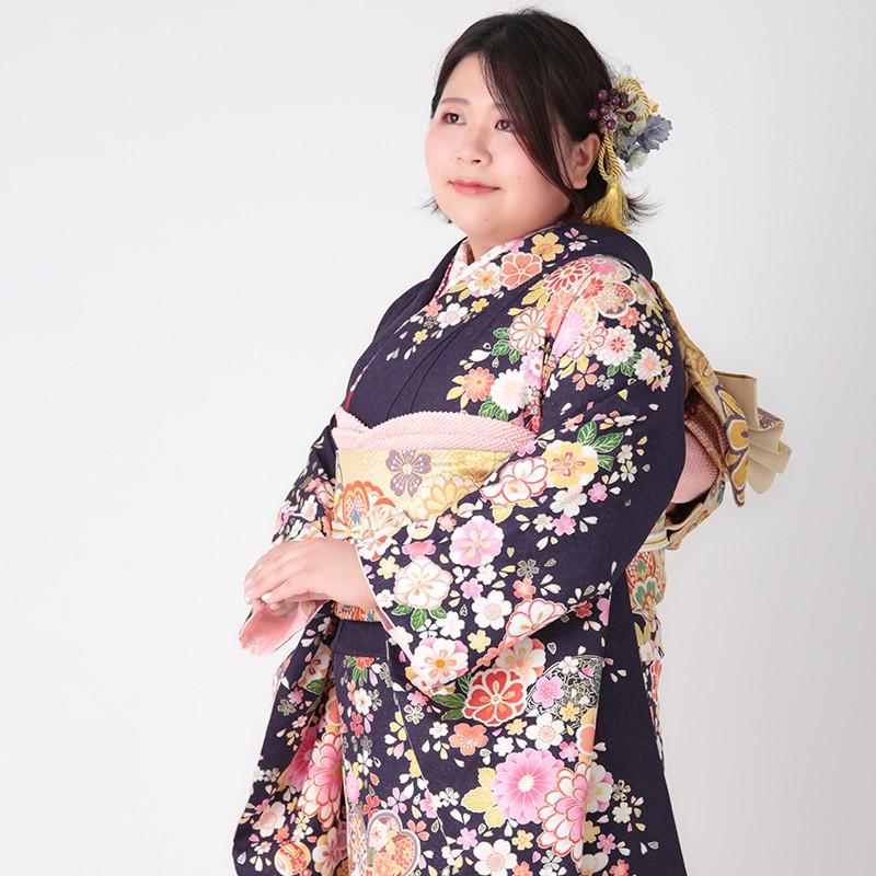 振袖 レンタル 成人式 結婚式 紺 桜菊花に宝づくし(絹)(w) 一点物 12月〜1月利用 対応身長150〜160cm RS1212の画像