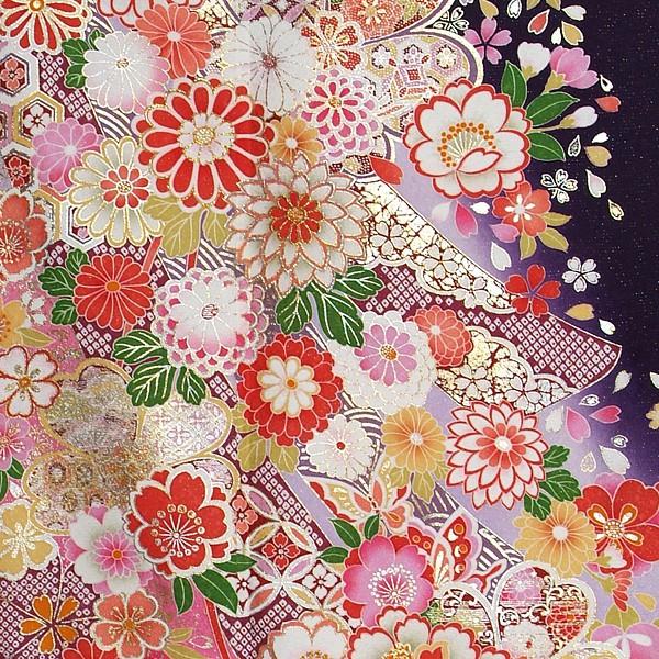 振袖 レンタル 成人式 結婚式 紺 桜菊花に宝づくし(絹)(w) 一点物 12月〜1月利用 対応身長150〜160cm RS1212の画像