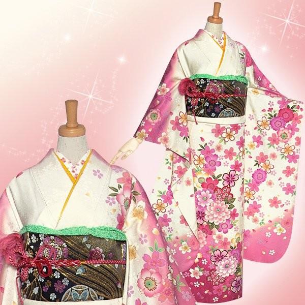 振袖 レンタル 成人式 結婚式 白 桜に菊模様(絹) 一点物 12月〜1月利用 対応身長147〜154cm RS1217の画像