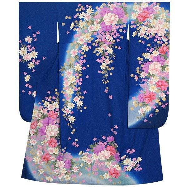 振袖 レンタル 成人式 結婚式 青 桜にコスモス(絹) 一点物 12月〜1月利用 対応身長154〜165cm RS1219の画像