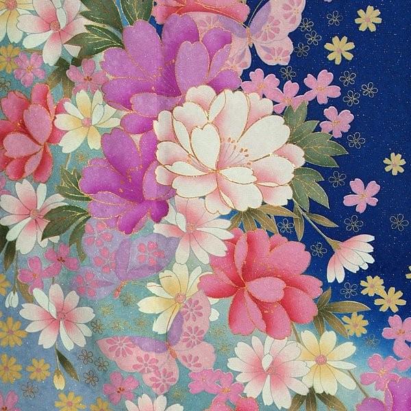 振袖 レンタル 成人式 結婚式 青 桜にコスモス(絹) 一点物 12月〜1月利用 対応身長154〜165cm RS1219の画像