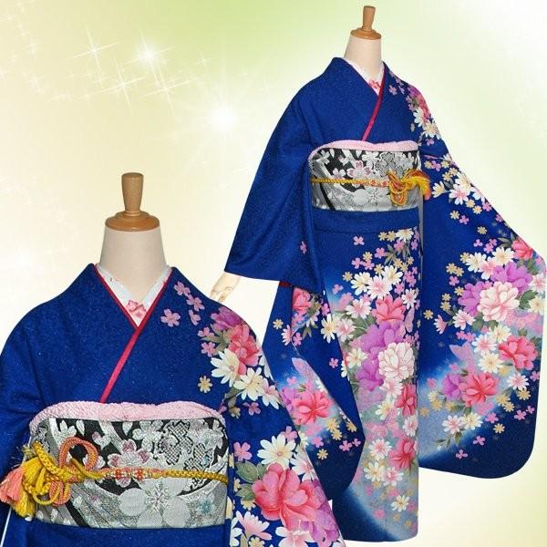振袖 レンタル 成人式 結婚式 青 桜にコスモス(絹) 一点物 12月〜1月利用 対応身長154〜165cm RS1219の画像
