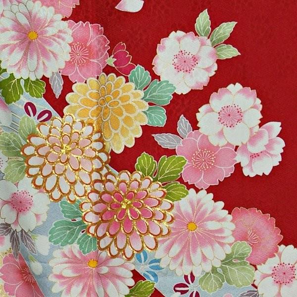 振袖 レンタル 成人式 結婚式 赤 熨斗に菊花(絹)(宅) 一点物 12月〜1月利用 対応身長154〜165cm RS1221の画像