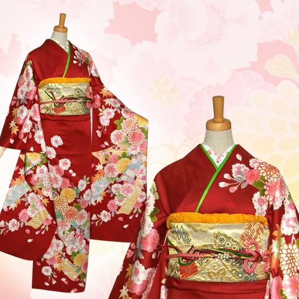 振袖 レンタル 成人式 結婚式 赤 熨斗に菊花(絹)(宅) 一点物 12月〜1月利用 対応身長154〜165cm RS1221の画像