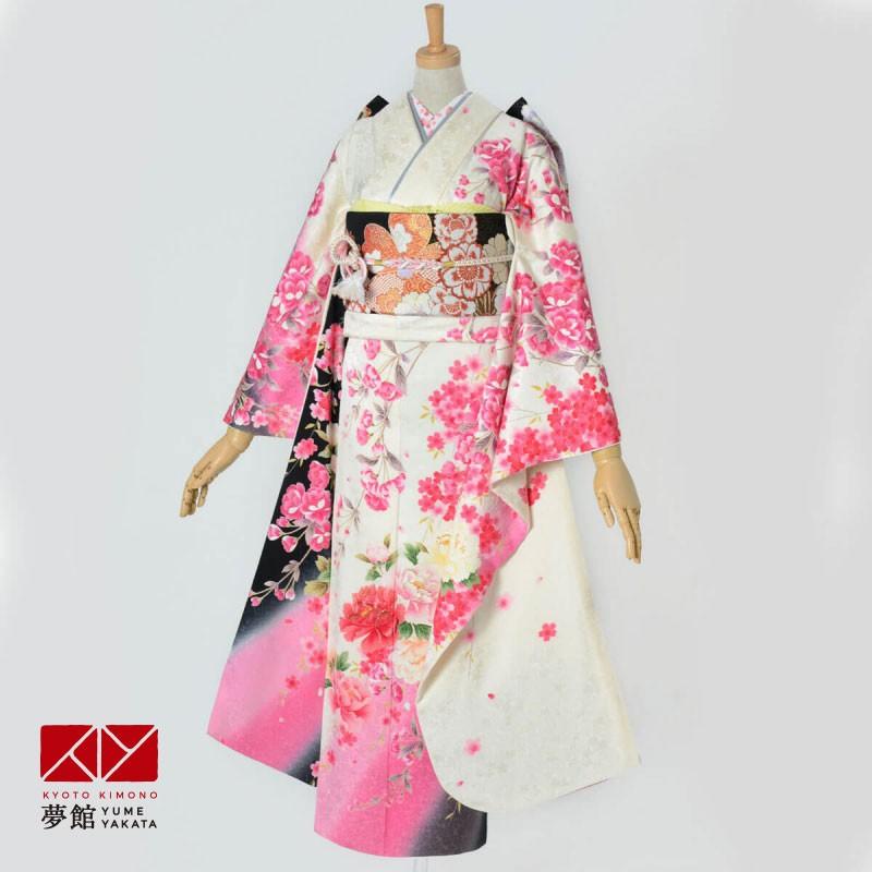 振袖 レンタル 成人式 結婚式 白 枝垂桜に牡丹(絹)(宅) 一点物 12月〜1月利用 対応身長155〜159cm RS1224