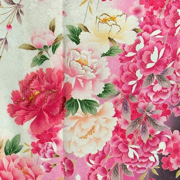 振袖 レンタル 成人式 結婚式 白 枝垂桜に牡丹(絹)(宅) 一点物 12月〜1月利用 対応身長155〜159cm RS1224の画像