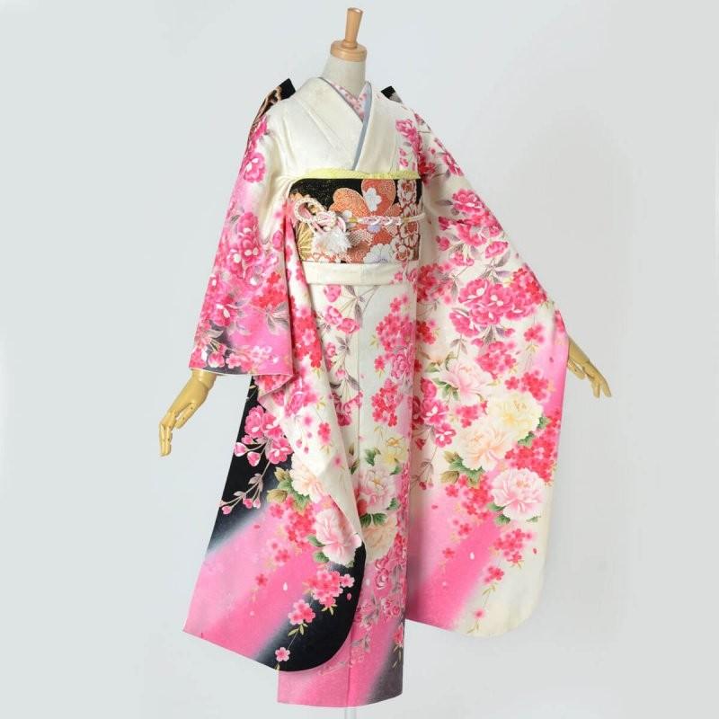 振袖 レンタル 成人式 結婚式 白 枝垂桜に牡丹(絹)(宅) 一点物 12月〜1月利用 対応身長155〜159cm RS1224の画像