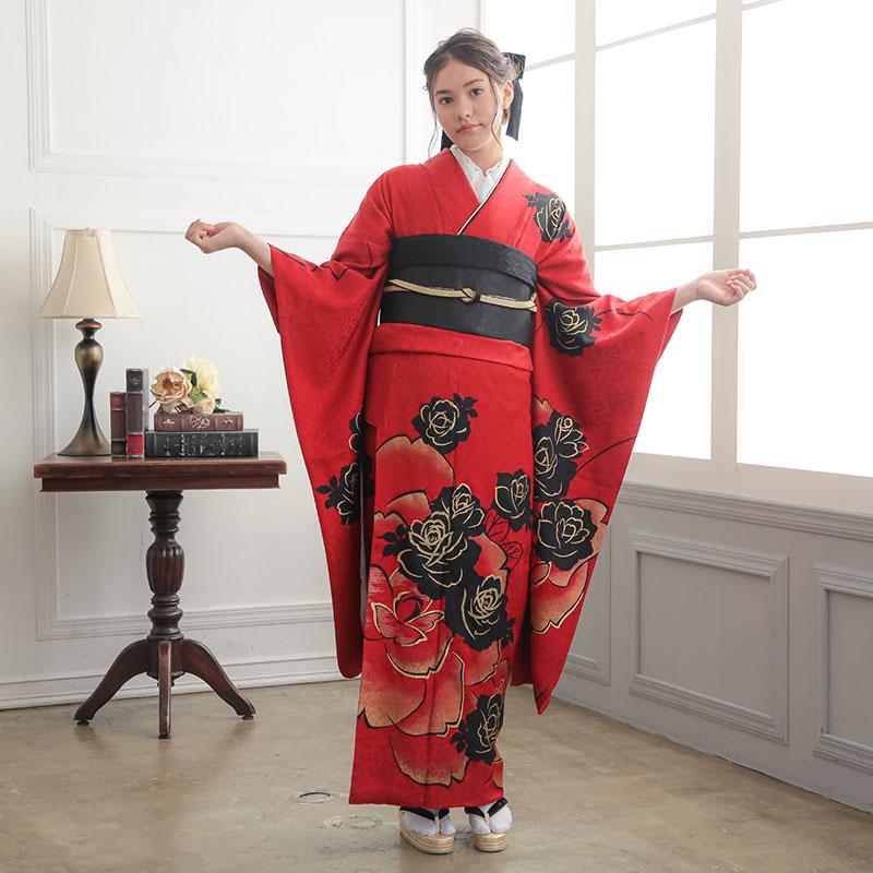 振袖 レンタル 成人式 結婚式 赤 薔薇(絹) 一点物 12月〜1月利用 振袖 レンタル 成人式 結婚式 赤 薔薇(絹) 一点物 12月〜1月利用