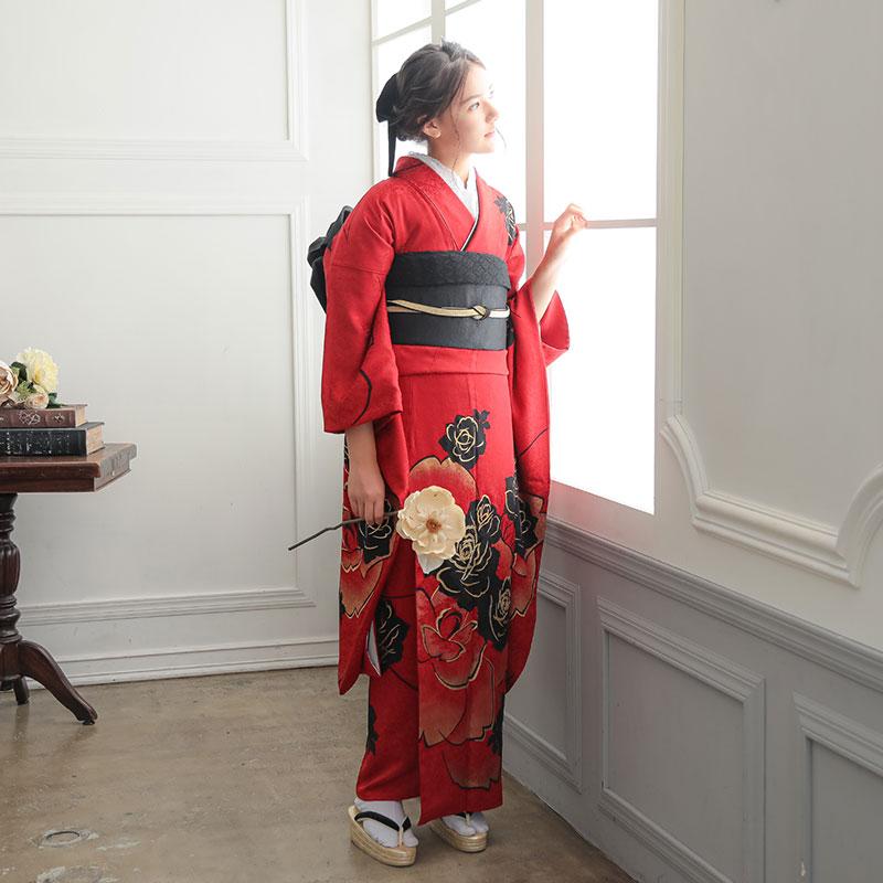 振袖 レンタル 成人式 結婚式 赤 薔薇(絹) 一点物12月〜1月利用 対応
