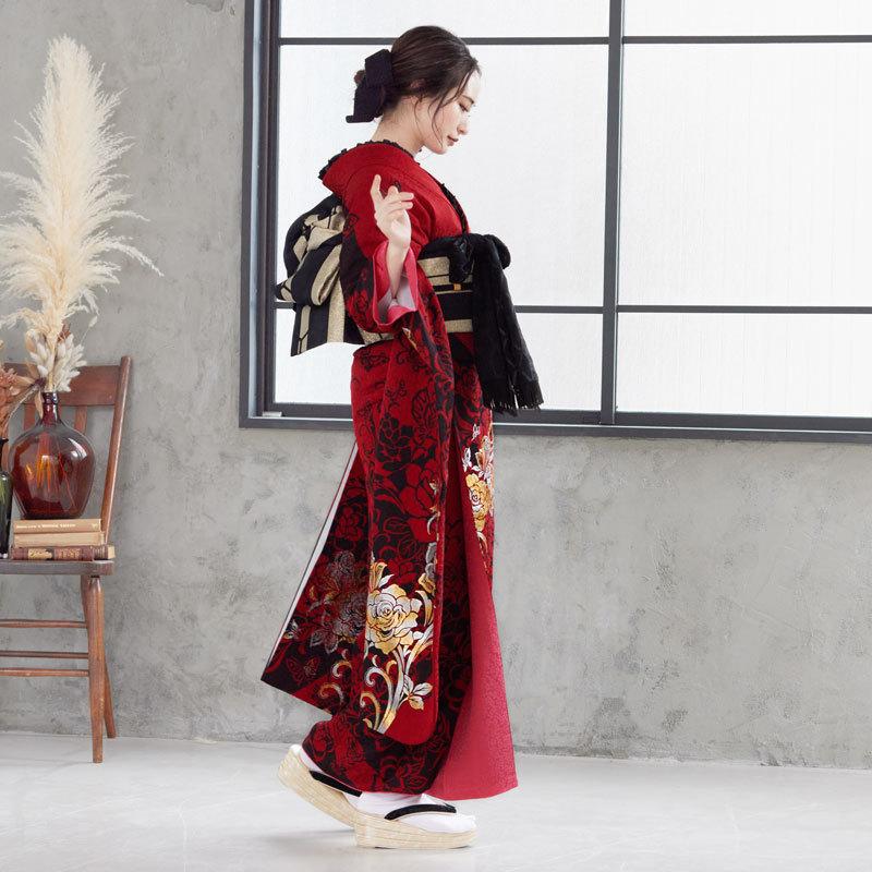振袖 レンタル 成人式 結婚式 赤 薔薇に蝶(絹)(R1230) 一点物12月〜1月