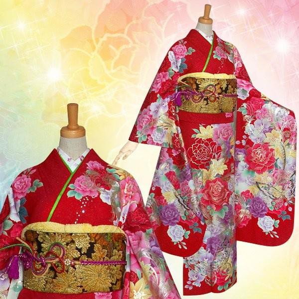 振袖 レンタル 成人式 結婚式 赤 バラと蝶(絹)(宅)12月〜1月利用 対応身長154〜165cm RS1233の画像