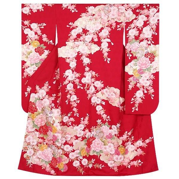 振袖 レンタル 成人式 結婚式 赤 雪輪桜に牡丹(絹)(宅)12月〜1月利用 対応身長154〜165cm RS1240の画像