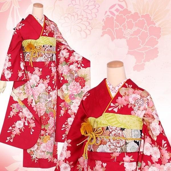振袖 レンタル 成人式 結婚式 赤 雪輪桜に牡丹(絹)(宅)12月〜1月利用 対応身長154〜165cm RS1240の画像