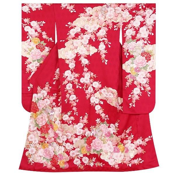 振袖 レンタル 成人式 結婚式 赤 雪輪桜に牡丹(絹)12月〜1月利用 対応身長165〜169cm RS1241の画像