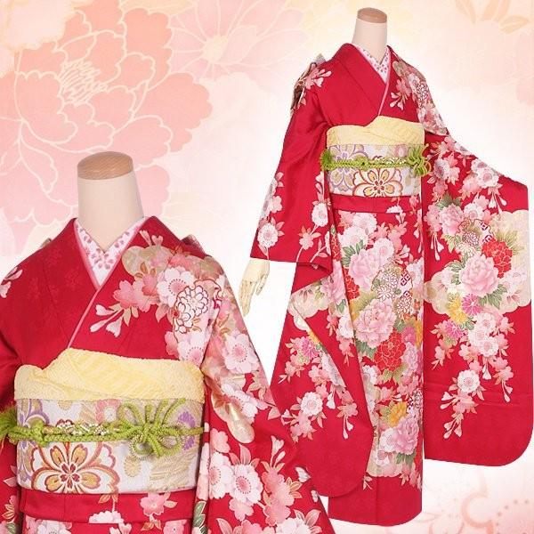 振袖 レンタル 成人式 結婚式 赤 雪輪桜に牡丹(絹)12月〜1月利用 対応身長165〜169cm RS1241の画像