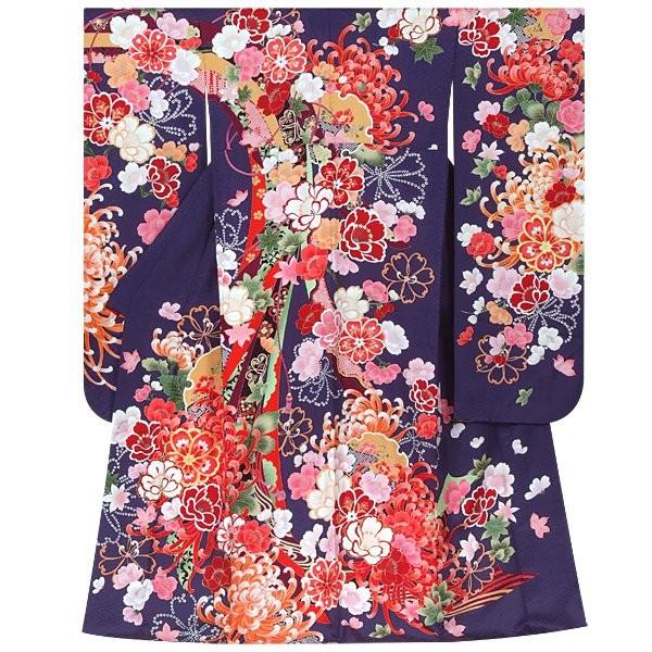 振袖 レンタル 成人式 結婚式 紺 雪輪桜に菊花(絹) 一点物 12月〜1月利用 対応身長165〜169cm RS1243の画像
