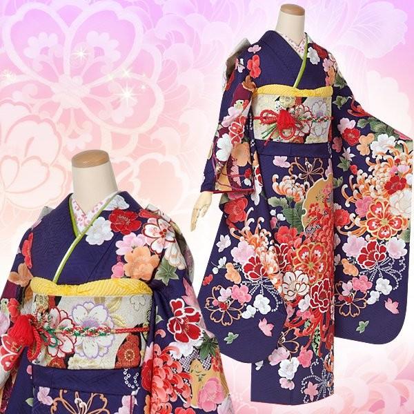 振袖 レンタル 成人式 結婚式 紺 雪輪桜に菊花(絹) 一点物 12月〜1月利用 対応身長165〜169cm RS1243の画像