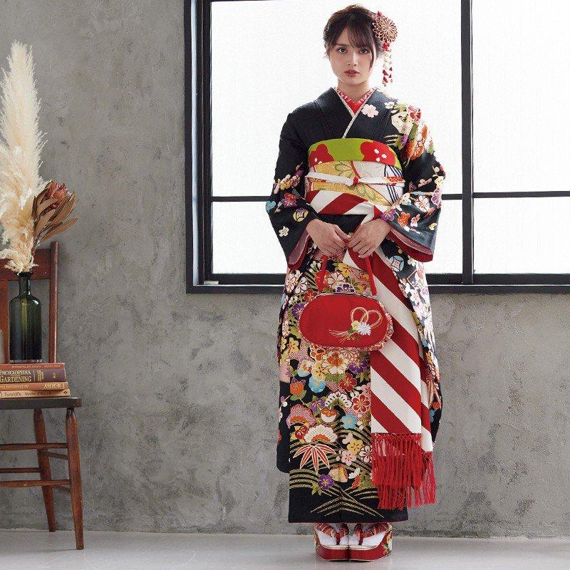 振袖 レンタル 成人式 結婚式 黒 吉祥貝桶に松竹梅(絹)12月〜1月利用