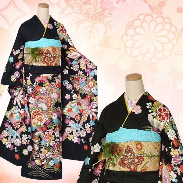 振袖 レンタル 成人式 結婚式 黒 吉祥貝桶に松竹梅(絹)12月〜1月利用 対応身長165〜169cm RS1278の画像