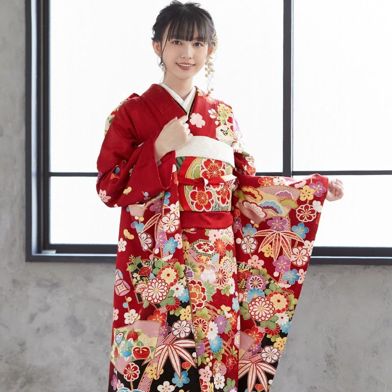 振袖 レンタル 成人式 結婚式 赤 吉祥貝桶に松竹梅(絹) 一点物12月〜1