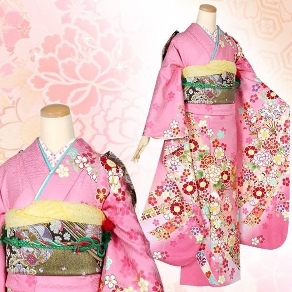 振袖 レンタル 成人式 結婚式 ピンク 扇面牡丹に桜(絹)(宅)12月〜1月利用 対応身長154〜165cm RS1281の画像