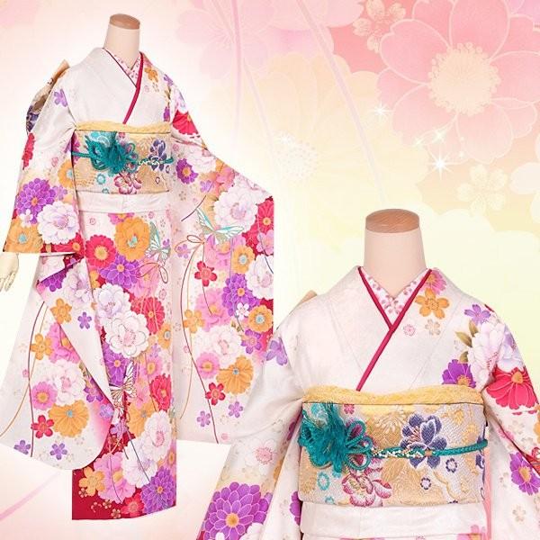 振袖 レンタル 成人式 結婚式 白 桜と菊に蝶(絹) 一点物 12月〜1月利用 対応身長154〜165cm RS1294の画像