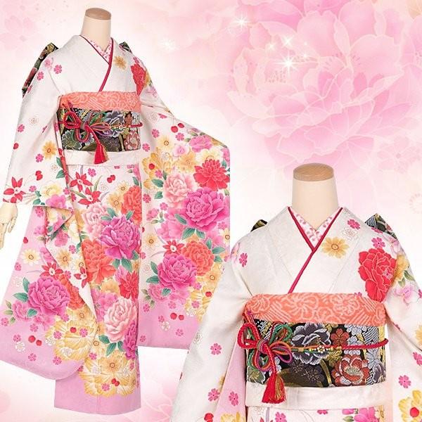 振袖 レンタル 成人式 結婚式 白 牡丹に蘭(絹)(宅)12月〜1月利用 対応身長154〜165cm RS1295の画像
