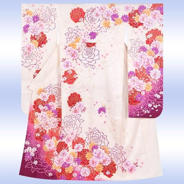 振袖 レンタル 成人式 結婚式 白 薔薇とブーケ桜(絹)(宅) 一点物 12月〜1月利用 対応身長154〜165cm RS1296の画像