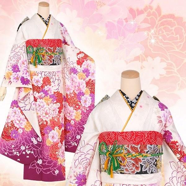 振袖 レンタル 成人式 結婚式 白 薔薇とブーケ桜(絹)(宅) 一点物 12月〜1月利用 対応身長154〜165cm RS1296の画像