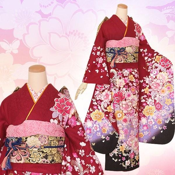 振袖 レンタル 成人式 結婚式 赤 桜(絹)(宅) 一点物 12月〜1月利用 対応身長154〜165cm RS1297の画像
