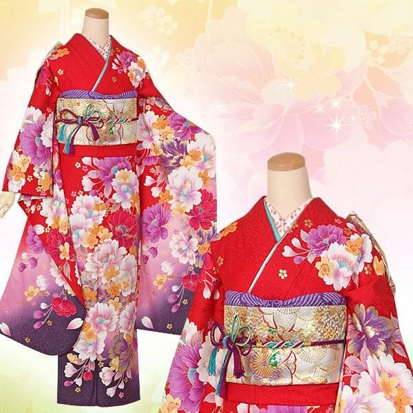振袖 レンタル 成人式 結婚式 赤 枝垂桜(絹)(宅) 一点物 12月〜1月利用 対応身長154〜165cm RS1298の画像