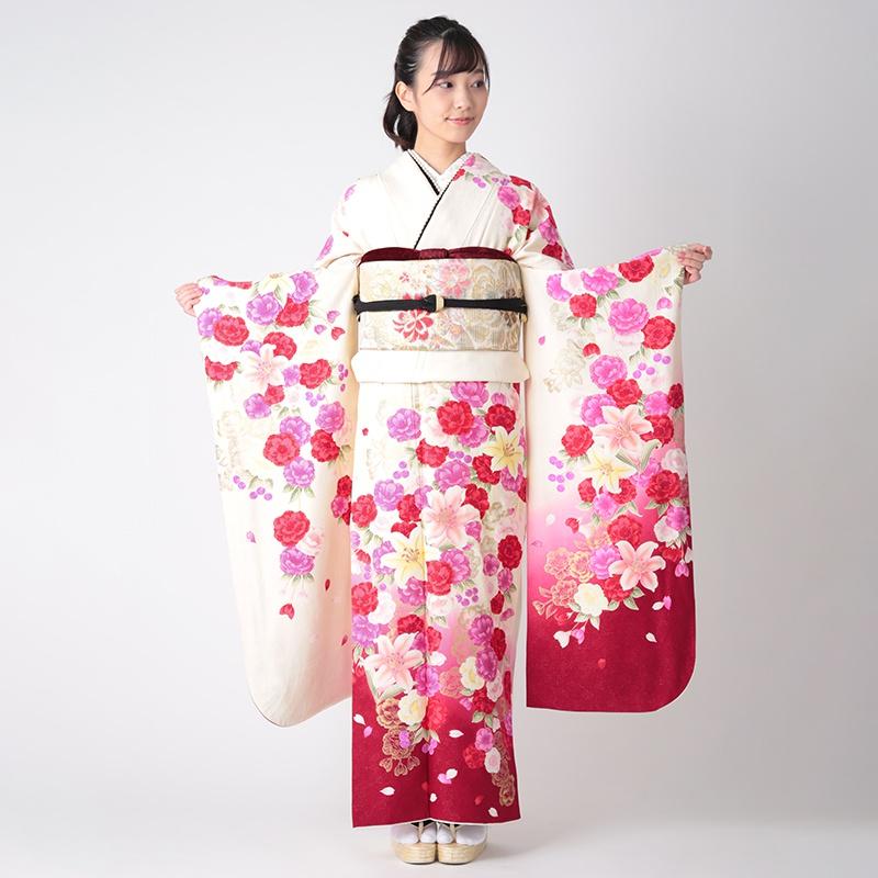 振袖 レンタル 成人式 結婚式 白 百合と八重桜(絹)(宅) 一点物 12月〜1月利用 対応身長154〜165cm RS1299の画像