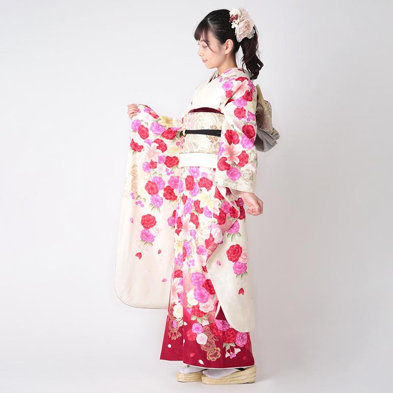 振袖 レンタル 成人式 結婚式 白 百合と八重桜(絹)(宅) 一点物 12月〜1月利用 対応身長154〜165cm RS1299の画像