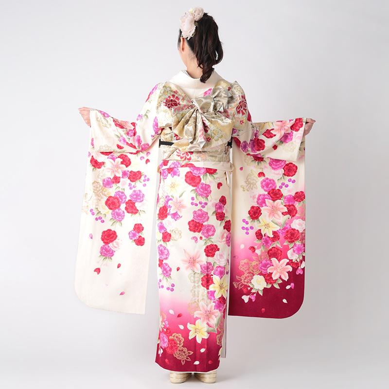 振袖 レンタル 成人式 結婚式 白 百合と八重桜(絹)(宅) 一点物 12月〜1月利用 対応身長154〜165cm RS1299の画像