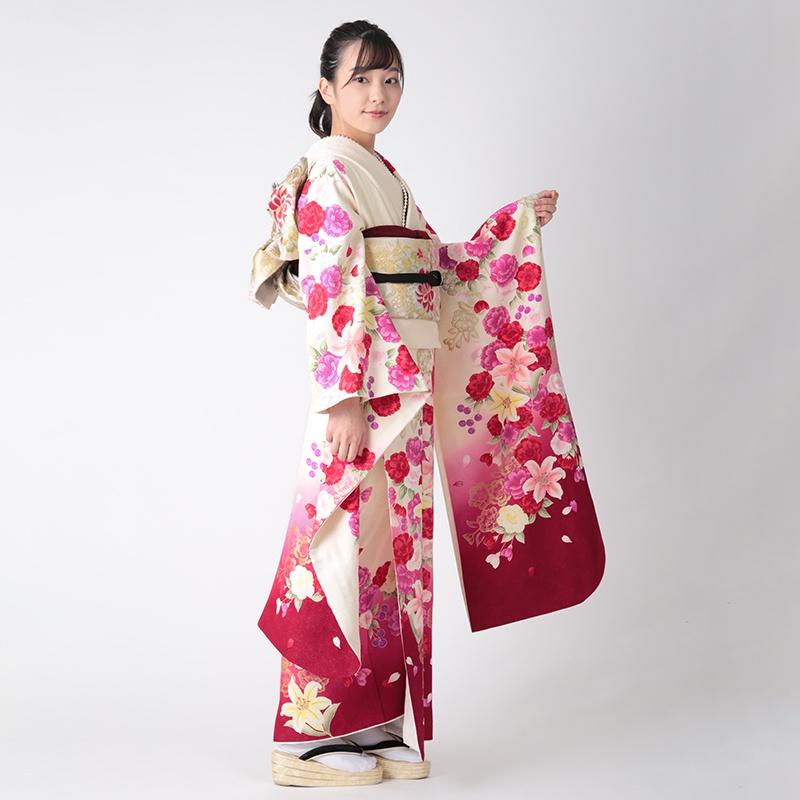 振袖 レンタル 成人式 結婚式 白 百合と八重桜(絹)(宅) 一点物 12月〜1月利用 対応身長154〜165cm RS1299の画像