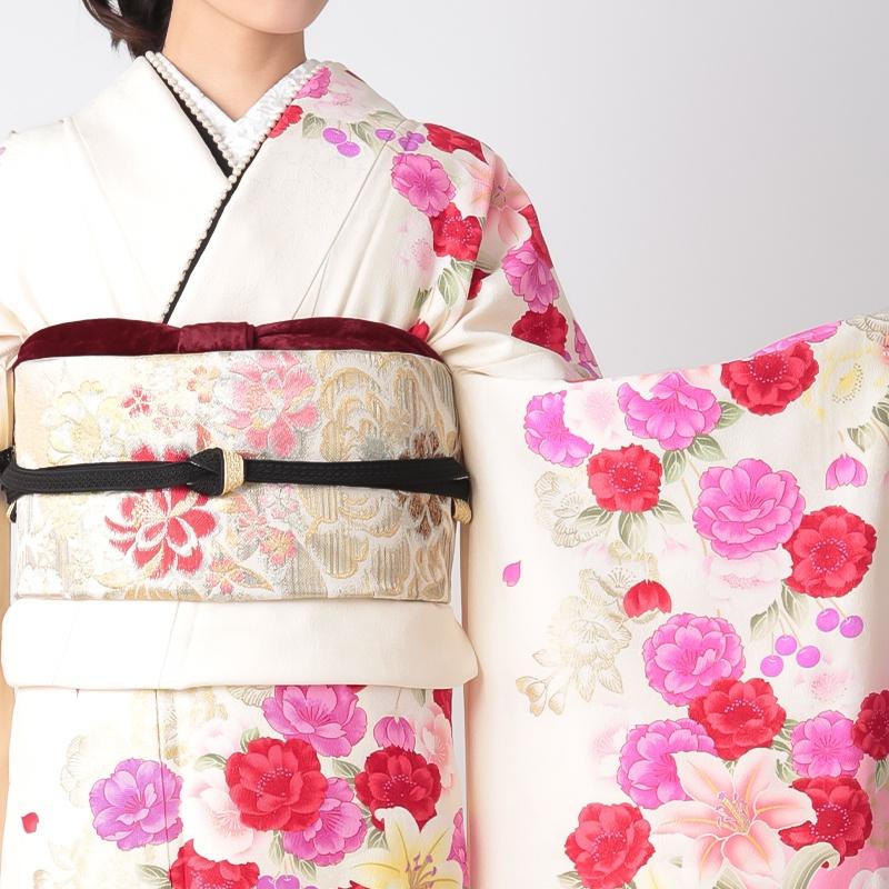 振袖 レンタル 成人式 結婚式 白 百合と八重桜(絹)(宅) 一点物 12月〜1月利用 対応身長154〜165cm RS1299の画像