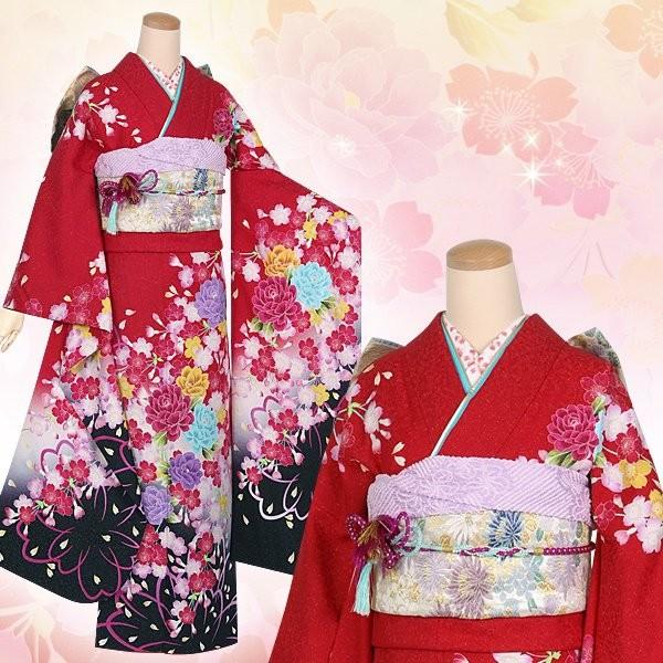 振袖 レンタル 成人式 結婚式 赤 枝垂桜に牡丹(絹)(宅) 一点物 12月〜1月利用 対応身長154〜165cm RS1302の画像