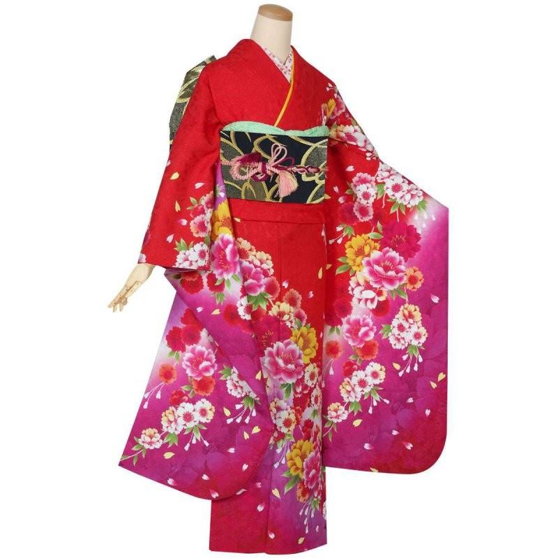 振袖 レンタル 成人式 結婚式 赤 八重桜(絹)(宅) 一点物 12月〜1月利用 対応身長154〜165cm RS1303の画像
