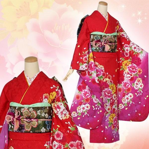 振袖 レンタル 成人式 結婚式 赤 八重桜(絹)(宅) 一点物 12月〜1月利用 対応身長154〜165cm RS1303の画像