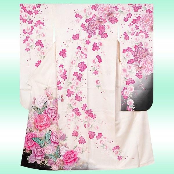 振袖 レンタル 成人式 結婚式 白 桜に薔薇と蝶(絹)(宅) 一点物 12月〜1月利用 対応身長154〜165cm RS1304の画像
