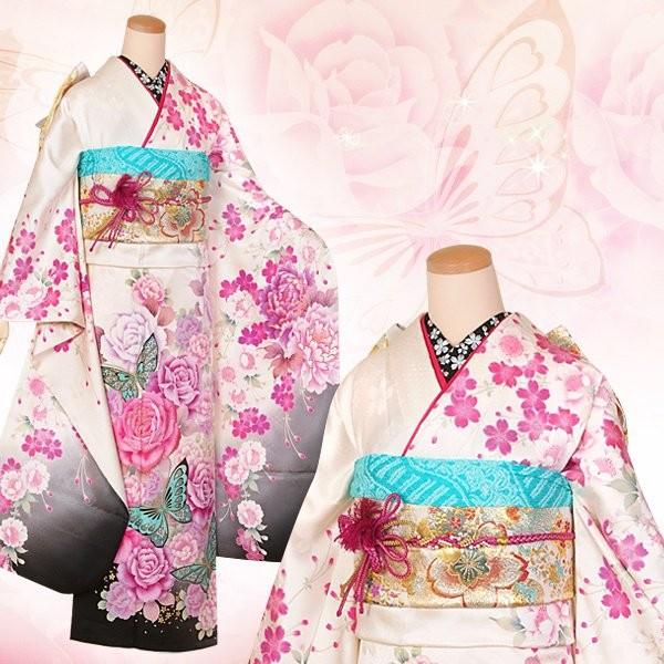 振袖 レンタル 成人式 結婚式 白 桜に薔薇と蝶(絹)(宅) 一点物 12月〜1月利用 対応身長154〜165cm RS1304の画像