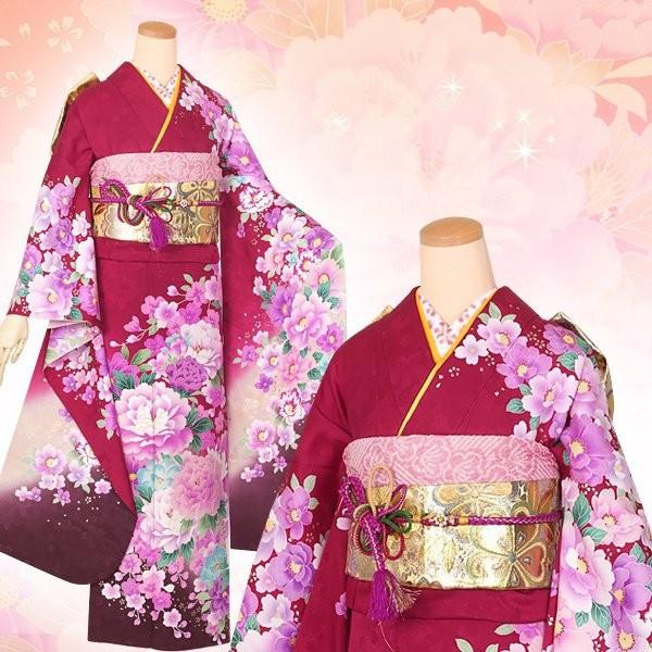 振袖 レンタル 成人式 結婚式 赤紫 牡丹のワルツ(絹)(宅) 一点物 12月〜1月利用 対応身長154〜165cm RS1306の画像