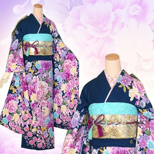 振袖 レンタル 成人式 結婚式 紺 牡丹と蘭のブーケ(絹)(宅) 一点物 12月〜1月利用 対応身長154〜165cm RS1309の画像