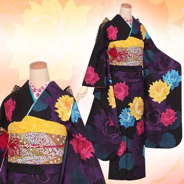 振袖 レンタル 成人式 結婚式 黒 ローズ(絹) 一点物 12月〜1月利用 対応身長154〜165cm RS1310の画像