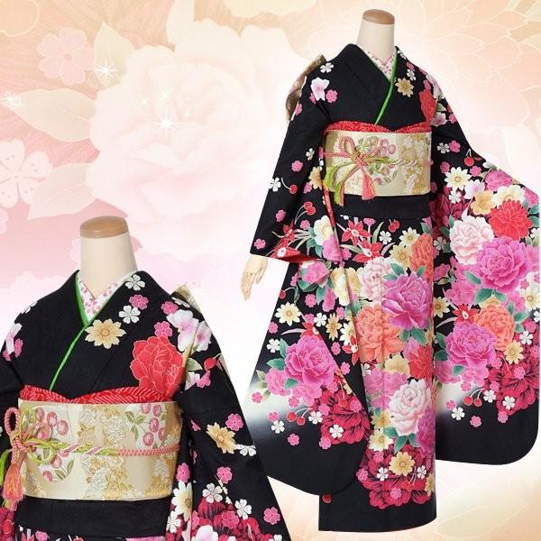 振袖 レンタル 成人式 結婚式 黒 甘い豪華百花(絹) 一点物 12月〜1月利用 対応身長165〜173cm RS1311の画像