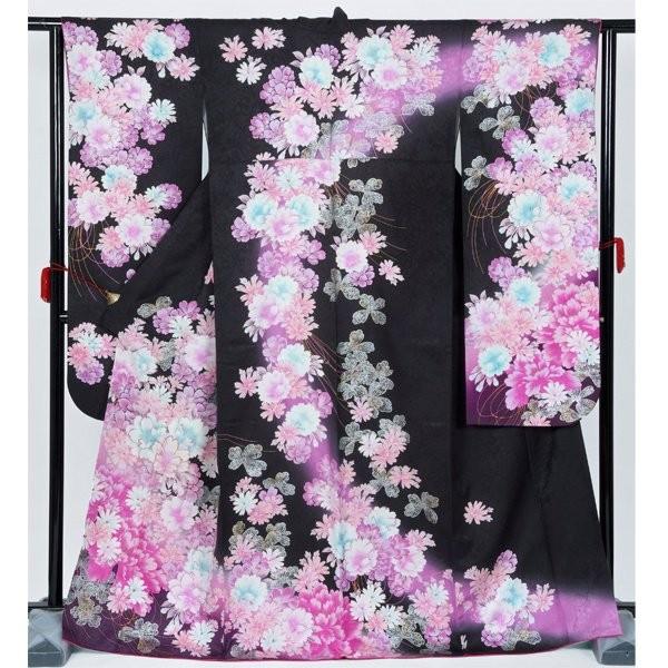 振袖 レンタル 成人式 結婚式 黒 桜牡丹秋桜(絹)(w) 一点物 12月〜1月利用 対応身長150〜160cm RS1312の画像