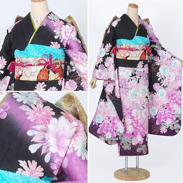 振袖 レンタル 成人式 結婚式 黒 桜牡丹秋桜(絹)(w) 一点物 12月〜1月利用 対応身長150〜160cm RS1312の画像